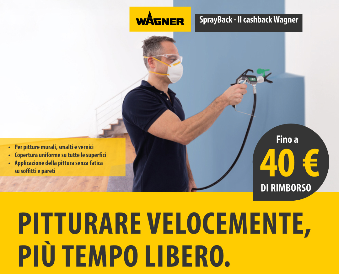SprayBack - Il cashback Wagner 2026. Per pitture murali, smalti e vernici, copertura uniforme su tutte le superfici, applicazione della pittura senza fatica su soffitti e pareti. Fino a 40€ di rimborso. Pitturare velocemente, più tempo libero.